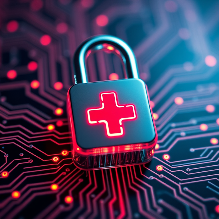 A futuristic digital padlock with a red cross symbol on a network of glowing circuits, captured with a DSLR camera at f/2.8, ISO 100, and a shutter speed of 1/200 sec, using a macro lens to emphasize details and a blurred background for depth.