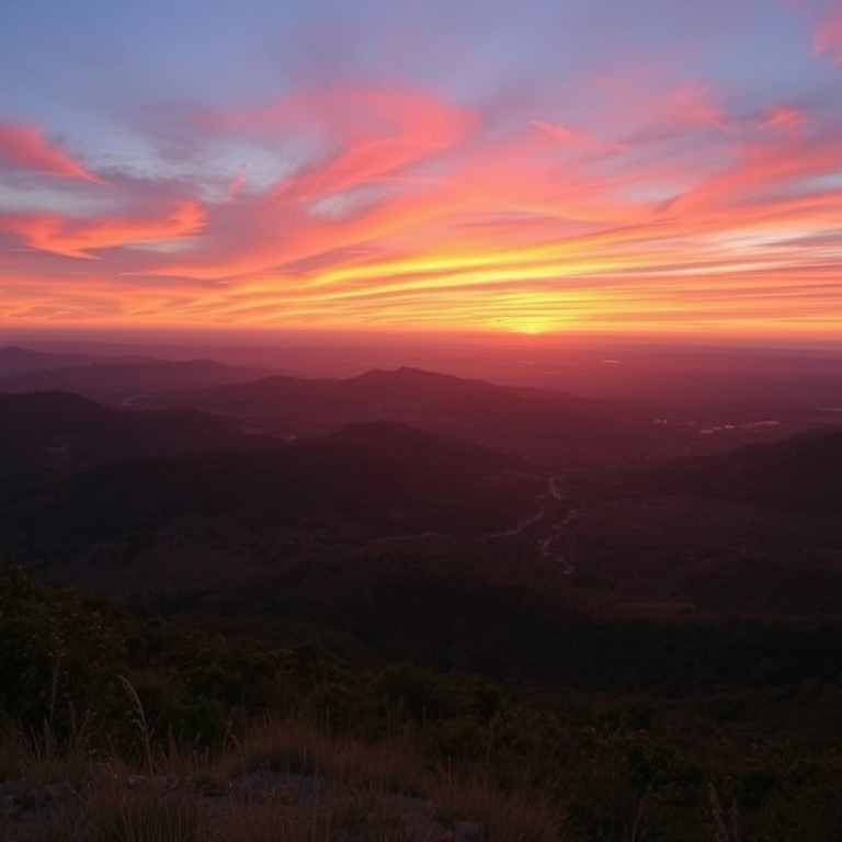 Generate an image of a tranquil landscape at sunset with vibrant colors, using a DSLR camera, aperture f/8, shutter speed 1/125 sec, ISO 200, wide-angle lens, taken from a high vantage point for expansive view.