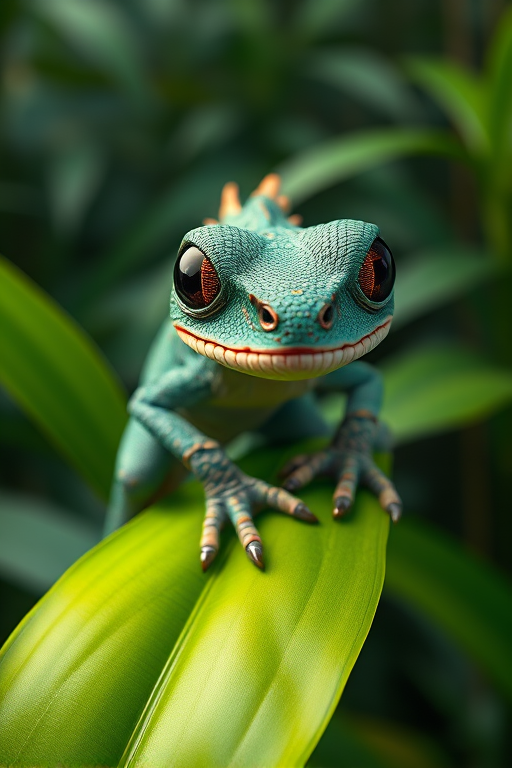 Create a highly detailed 3D render of a fictional lizard-like creature with exaggerated features such as large eyes and sharp teeth, perched on a vibrant green leaf in a dense jungle environment, shot with a Canon EOS R5 at f/1.8, ISO 100, 85mm lens, using a shallow depth of field for a blurred background effect, focusing on the creature's texture and colors.