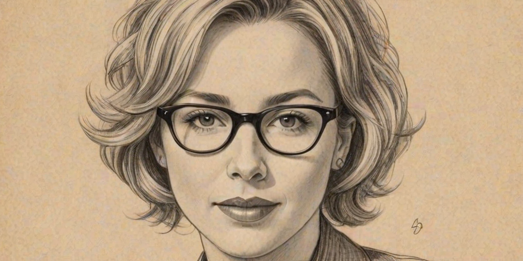 Fetching Traylor Howard, pencil sketch, portrait of Bewitching woman 1935s in glasses, hair style beatnik, outline, clear lines, fine lines, 8k
