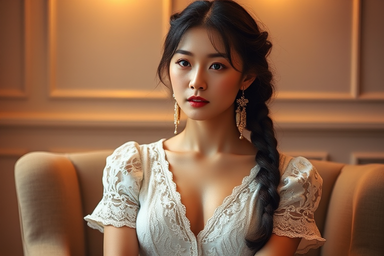 Create a portrait of a refined and elegant Korean woman seated in a sophisticated setting. She has long, wavy hair styled in two thick braids that are pulled over her shoulders. She wears a white, lace gown with intricate patterns, featuring a deep V-neckline and short sleeves. The dress exudes a vintage charm with its delicate lacework. She is adorned with ornate, dangling earrings that add a touch of glamour to her appearance. The background is softly lit, with warm, ambient lighting that creates a cozy and inviting atmosphere. Her expression is poised and serene, capturing a sense of grace and elegance.