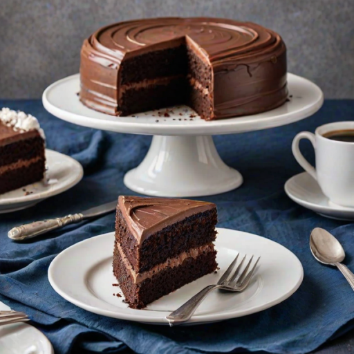 Generate an image of a rich chocolate cake with smooth chocolate frosting, featuring a slice on a white plate. The cake has multiple layers with a creamy filling visible in the slice. Include a coffee press and fresh coffee in the background, with a blue cloth underneath the cake for contrast.