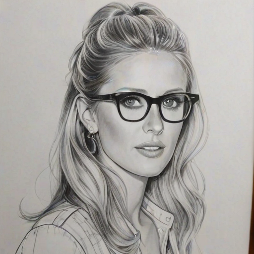 Radiant Nicky Hilton, pencil sketch, portrait of Enchanting woman 1971s in glasses, hair style beatnik, outline, clear lines, fine lines, 8k