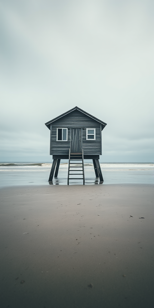 Capture a solitary beach house on stilts at low tide, overcast sky, soft natural light, shot with a Canon EOS R5, ISO 100, f/8, 24mm lens, use a wide-angle perspective for depth, focus on the textures of the wood and sand.