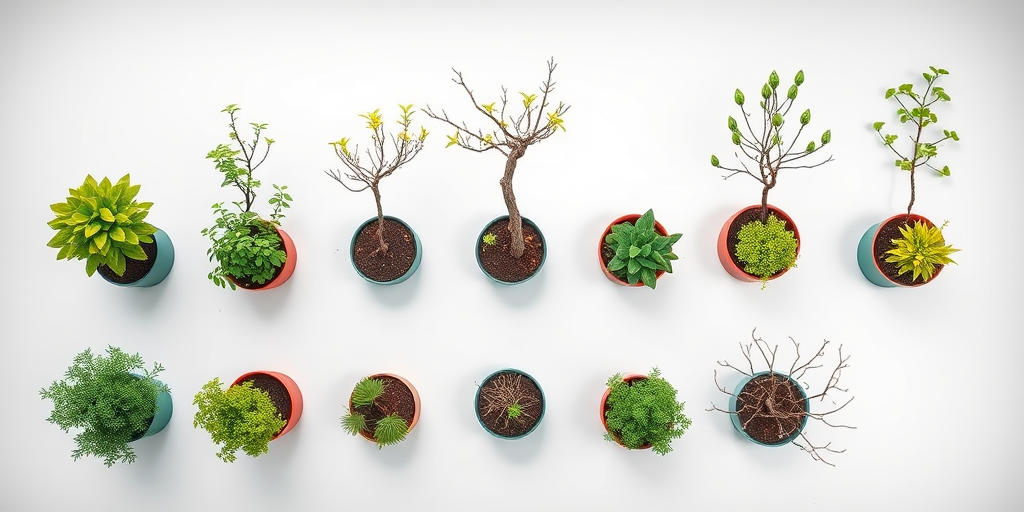 depict a grid of nine potted trees, with variations in foliage from vibrant green to a bare tree, soft diffused lighting, shallow depth of field, high-resolution, shot with a DSLR camera at f/4, ISO 100, 50mm lens, top-down view, minimalist background