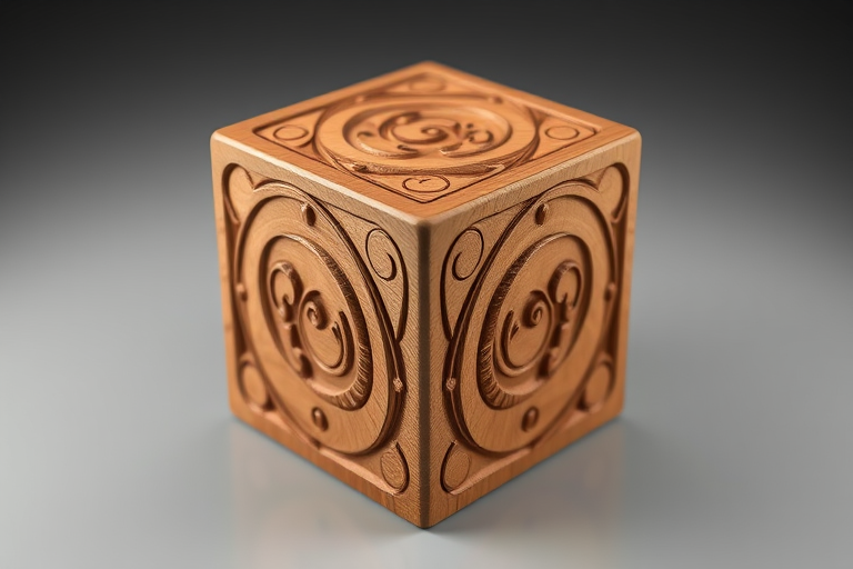 Create a high-resolution 3D rendering of a decorative wooden cube with intricate swirls and patterns, using a Canon EOS R5 camera with a 50mm lens, aperture f/8, ISO 100, and 1/200 sec shutter speed, from a slight overhead angle to highlight the texture and details of the wood.