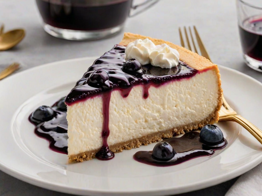 Create an image of a slice of creamy cheesecake with a glossy blueberry sauce on top, served on a white plate. Include a gold fork beside the plate and a glass of dark beverage in the background. The setting should have a clean and elegant appearance.