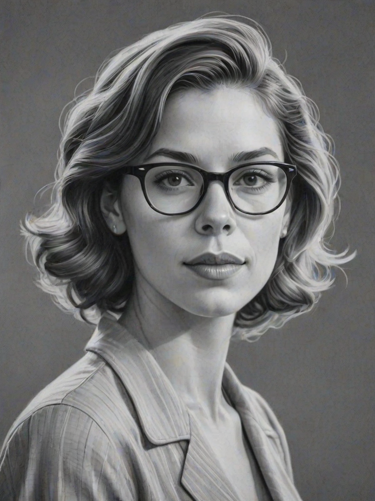 Stunning Tessa Ferrer, pencil sketch, portrait of Captivating woman 1953s in glasses, hair style beatnik, outline, clear lines, fine lines, 8k