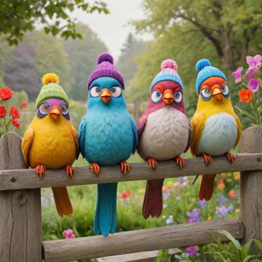 create a scene of 4 quirky  whimsical colourful comical birds each with a funny expression. they are sat on a wooden fence with colourful flowers. they are all different sizes. each one is a different colour  one is wearing a woolly hat. Each one has a different quirky google expression and there is a muted background of trees watercolour paintierly style high definition 8k resolution 3D paper mache