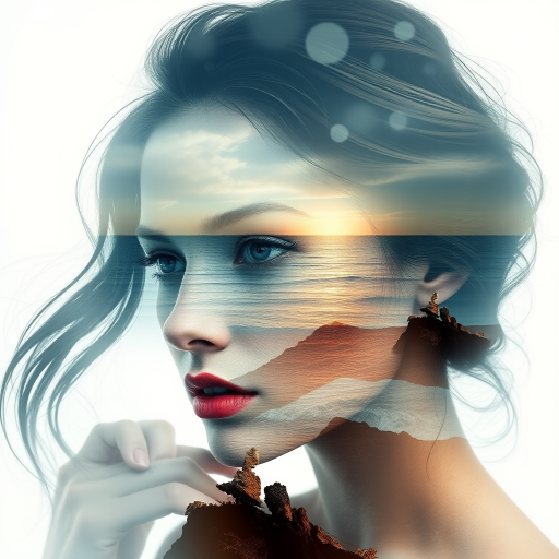 design Book cover, A surreal double exposure portrait that blends a woman's face with a beautiful seascape. The overall mood is dreamy and mystical, with rich colors and intricate details