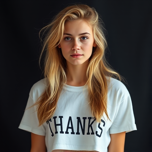 Portrait of a young woman with long, tousled blonde hair, wearing a cropped white shirt with the word "THANKS" printed on it, standing against a dark backdrop, soft natural lighting, 50mm lens, f/1.8, ISO 100, 1/200s, shallow depth of field, taken with a DSLR camera.
