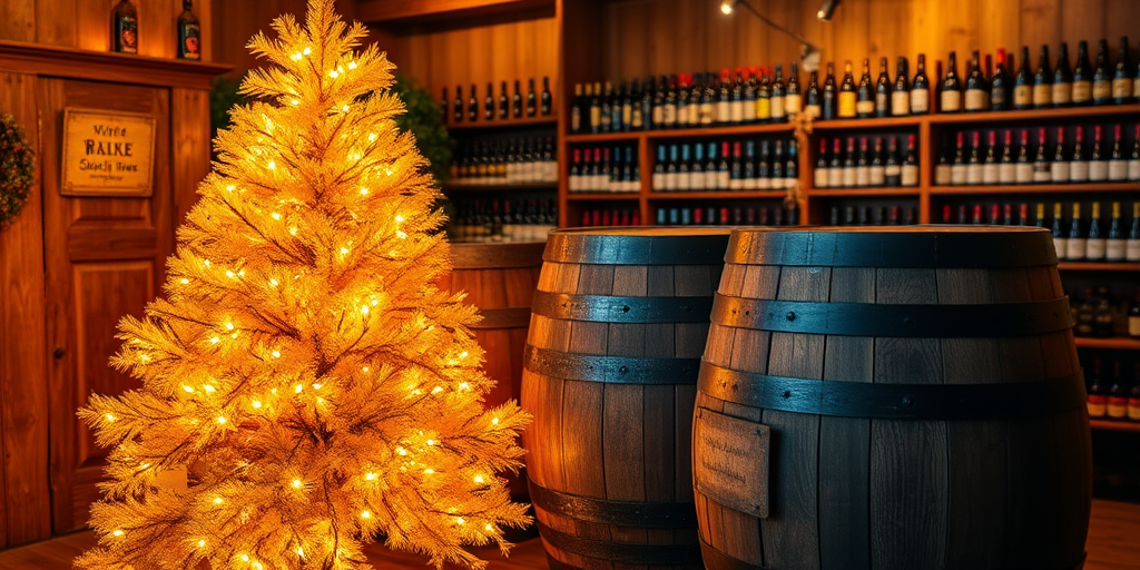 Create an image of a cozy rustic setting featuring a golden-orange Christmas tree adorned with soft glowing lights. The tree is placed next to two large wooden barrels, with a warm wooden interior background filled with wine bottles on shelves. The atmosphere should evoke a sense of warmth and festive cheer.