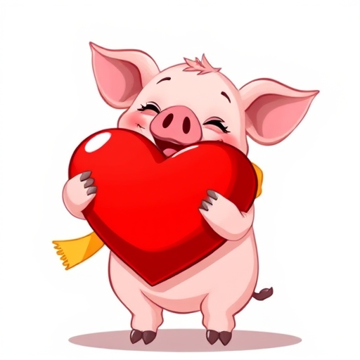 Create an illustration of a cheerful cartoon pig holding a large red heart, with a big smile and wearing a yellow scarf, using a high-resolution digital illustration style with vibrant colors, viewed at a 45-degree angle, simulated with a Canon EOS 5D Mark IV, f/8 aperture, 1/250 sec shutter speed, and ISO 100 for enhanced clarity and detail.