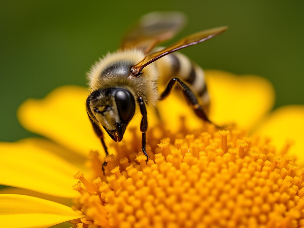 Close-up of a bee on a bright yellow flower, macro lens, f/2.8 aperture, ISO 100, 1/200 sec exposure, natural light, shallow depth of field, DSLR camera.