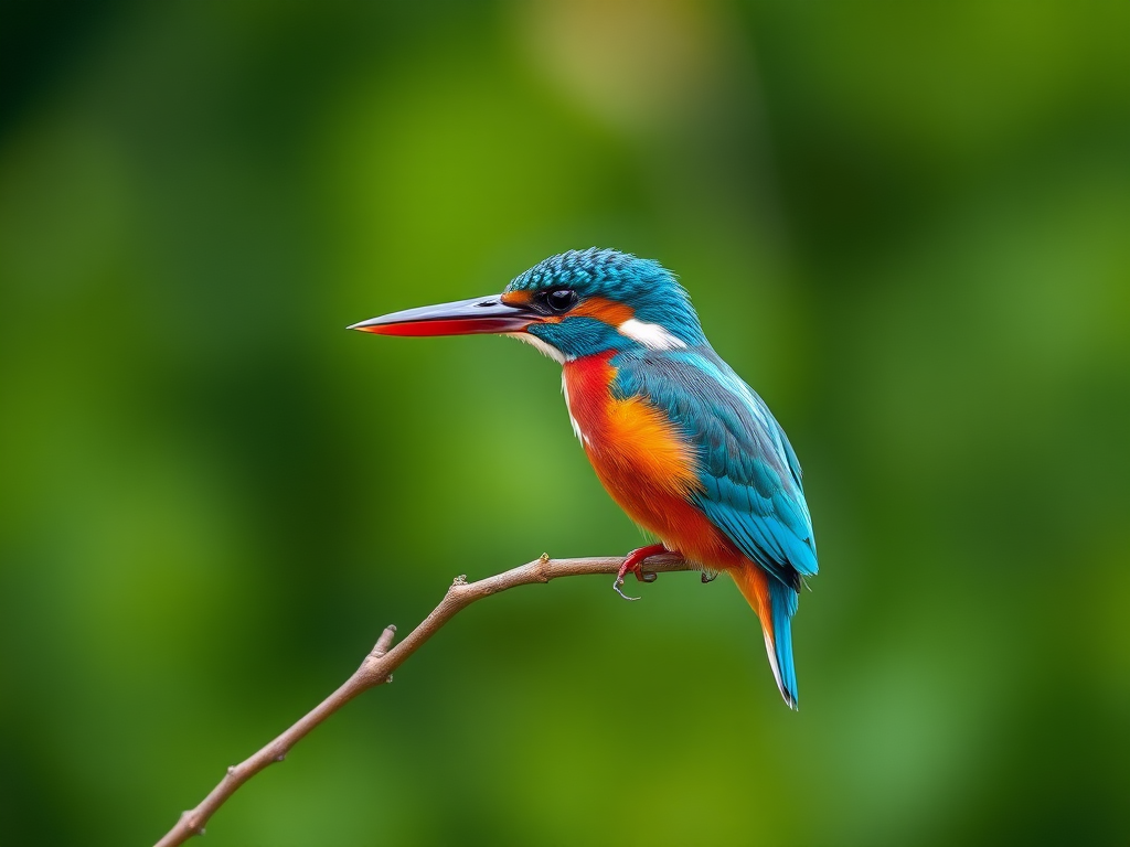 A vibrant kingfisher perched on a branch with a blurred green background, captured with a Canon EOS R5, 85mm lens, aperture f/2.8, ISO 200, shutter speed 1/250s, in soft focus style for enhanced detail and clarity.