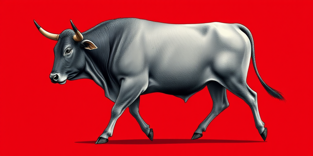 Create a high-resolution illustration of a gray bull walking, set against a solid red background, captured with a digital camera at 50mm focal length, f/8 aperture, 1/200 sec shutter speed, and natural lighting for enhanced clarity and color vibrancy.