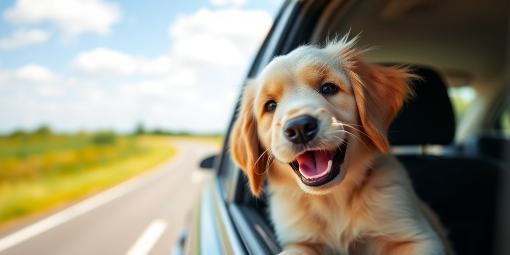 A happy golden retriever puppy with its head out of a car window enjoying a ride on a sunny day with a blurred background of a road and green fields.