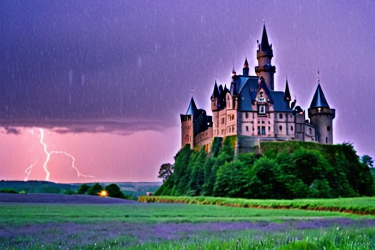 grey castle in the rain under a violet sky