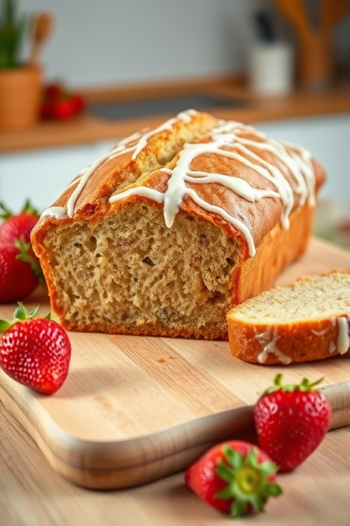 A freshly baked loaf of bread with a glossy icing drizzle sitting on a wooden cutting board accompanied by ripe red strawberries. The loaf is partially sliced to reveal its soft interior, with a bright and inviting kitchen background.