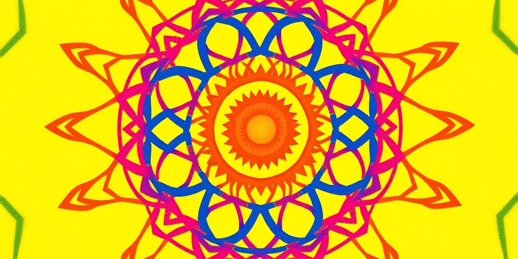 Create a vibrant geometric pattern featuring interwoven circles and a central sun, set against a bright yellow background, captured with a DSLR camera at f/8, ISO 100, 50mm lens, top-down view, using a high-resolution setting for enhanced clarity.