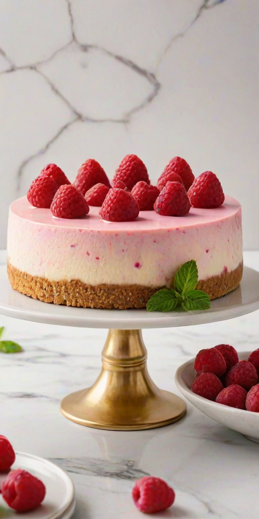 Generate an image of a raspberry cheesecake on a white marble cake stand. The cheesecake has a smooth pink filling and a golden-brown graham cracker crust, topped with fresh raspberries and green mint leaves. The background should be soft and neutral, enhancing the dessert's vibrant colors.