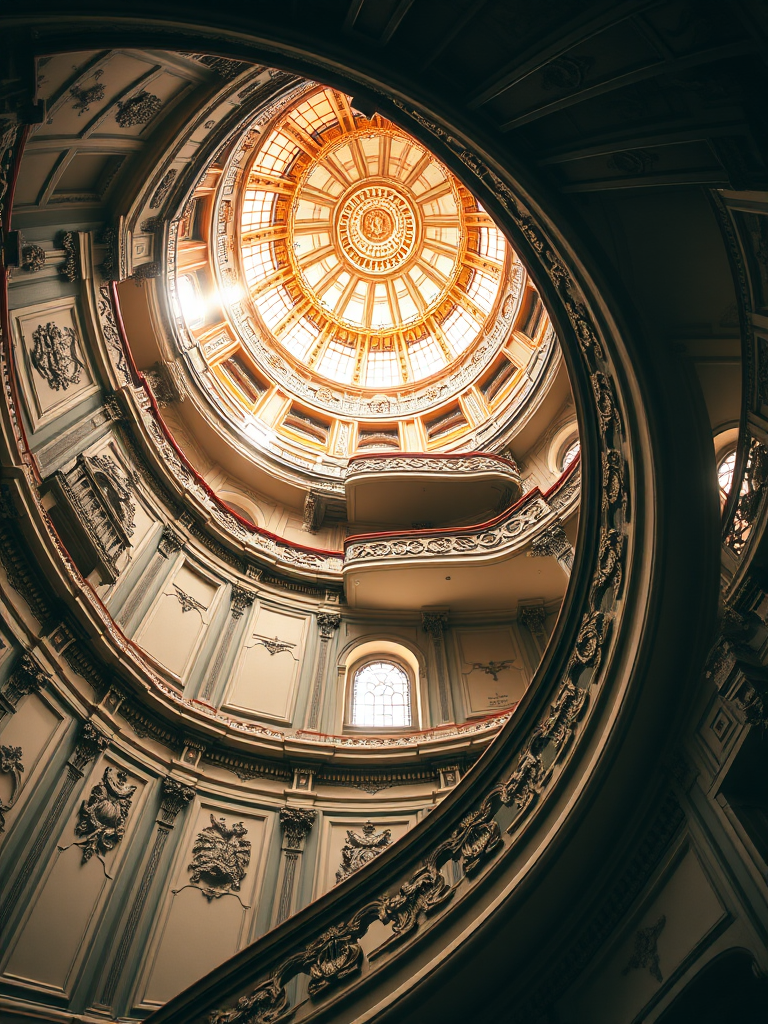 Regenerate an image of a grand spiral staircase in an ornate architectural setting, featuring detailed carvings and a dome ceiling illuminated by soft rays of light, using a DSLR camera at f/1.8, ISO 100, 24mm lens, taken from a low angle perspective with soft focus on the background for depth.