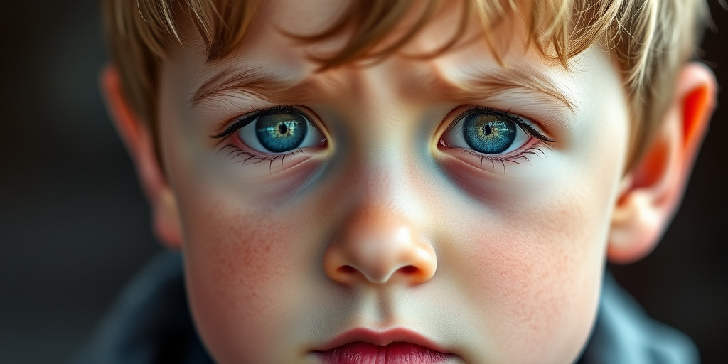 Create a high-resolution portrait of a young boy with blue eyes and a worried expression, capturing intricate details of his face, soft bokeh background, shot with a DSLR camera, 50mm lens at f/1.8, ISO 100, natural lighting.