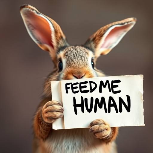 rabbit holding a note which says "FEED ME HUMAN"