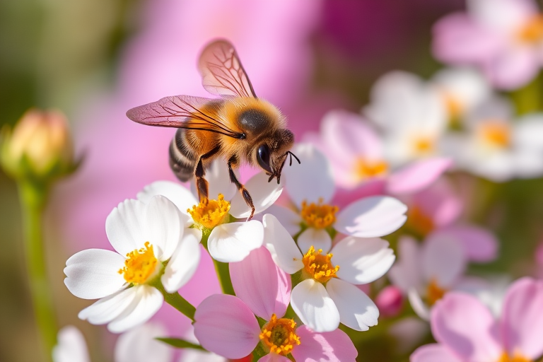 macro photograph of a bee on white and pink flowers with shallow depth of field, natural light, f/2.8 aperture, 1/200 second shutter speed, ISO 100, using a DSLR camera with a 100mm macro lens