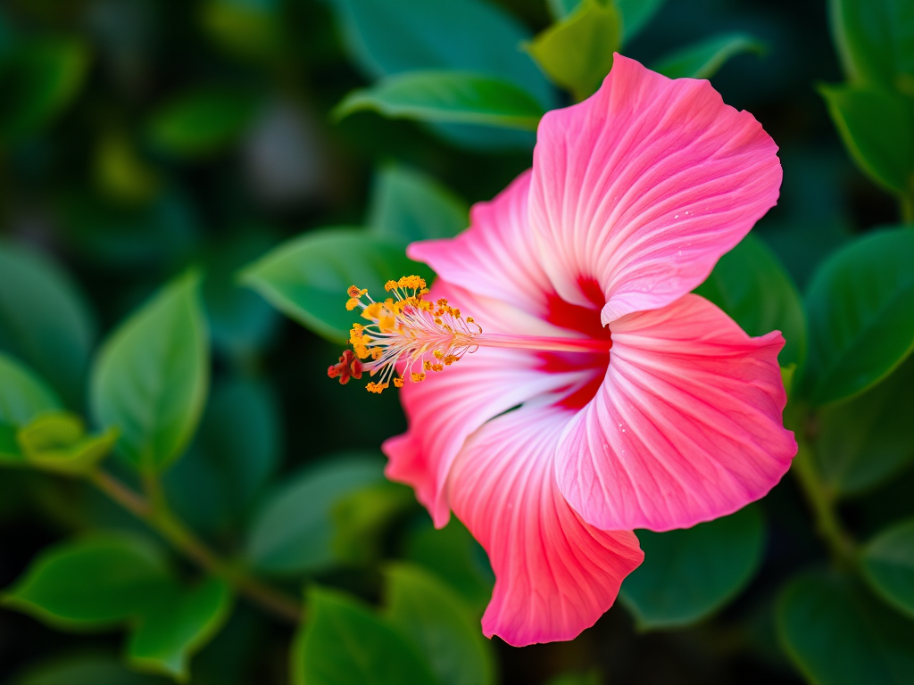 Create a vibrant pink hibiscus flower with lush green leaves, captured in macro view, using a DSLR camera at f/2.8 aperture, ISO 100, and a shutter speed of 1/200 seconds for enhanced details and clarity.