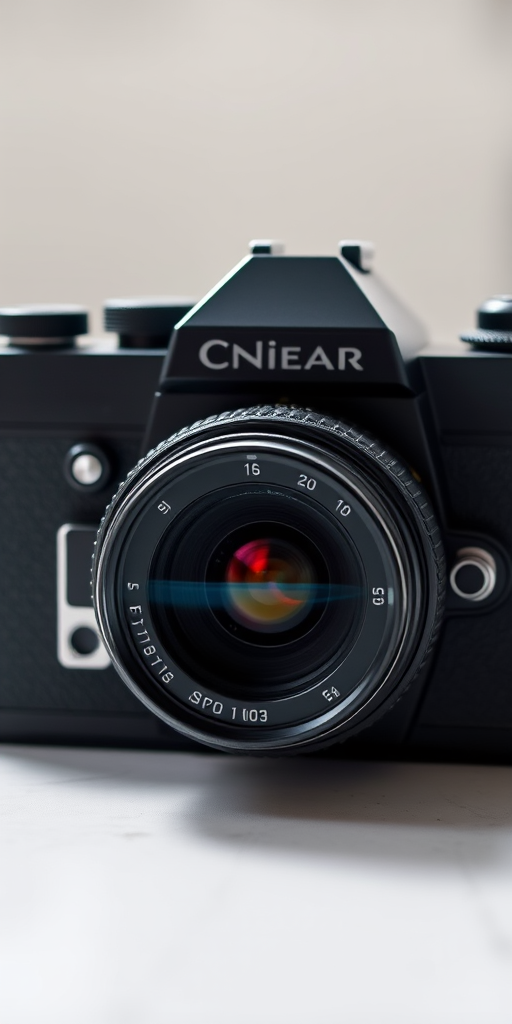 Generate a high-resolution image of a vintage camera with a sleek black design, focal length of 35mm, aperture set to f/2.8, ISO 100, shot in natural light from a frontal view, using a DSLR camera style.