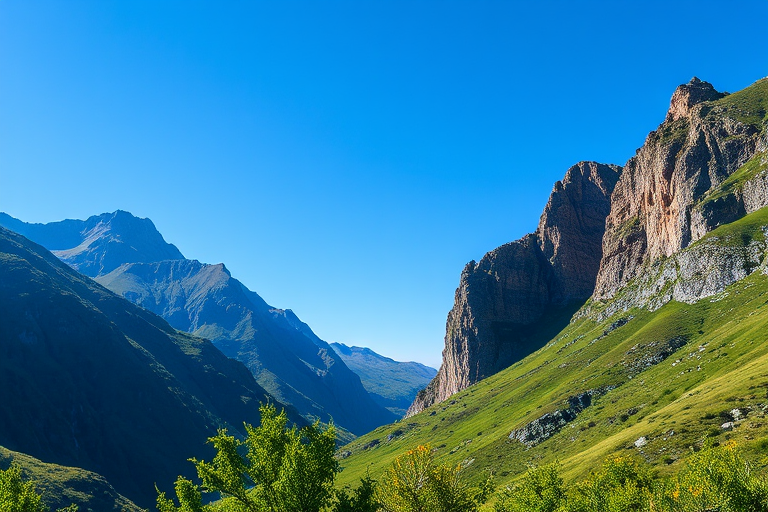 Capture a high-resolution image of a mountainous landscape under a clear blue sky, with lush green foreground, using a DSLR camera with a focal length of 24mm, aperture set to f/8, ISO 100, and a polarizing filter to enhance colors.