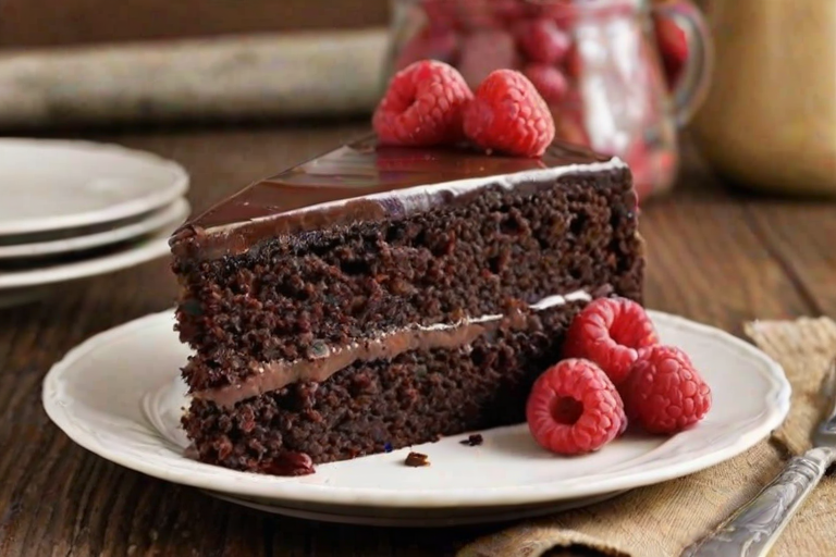Create an image of a decadent slice of chocolate cake with three layers. The cake should have rich chocolate frosting, a vibrant raspberry filling between the layers, and be topped with a swirl of chocolate frosting and fresh raspberries. Place the cake slice on a rustic plate with a fork beside it, and include some raspberries scattered around the plate for added color. The background should be softly blurred to emphasize the cake.