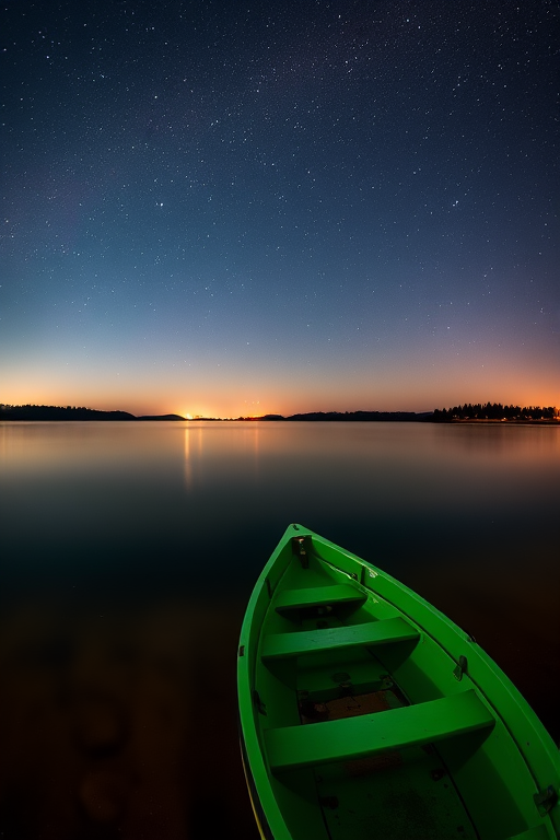 Long exposure shot of a serene lake at night with a green boat in the foreground, using a DSLR camera with a 24mm lens, aperture f/2.8, ISO 1600, shutter speed 30 seconds, panoramic view to capture the star-filled sky and reflections on the water, high dynamic range to enhance colors and details.