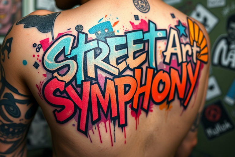 Graffiti-style tattoo called "Street Art Symphony" incorporating bold lettering and urban imagery with a mix of bright colors and textures resembling spray-painted murals