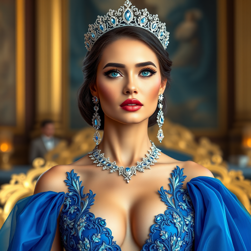 A gorgeous woman in a luxurious blue gown, accessorized with a dazzling tiara and statement earrings, her deep blue eyes highlighted by impeccable makeup, poised in a royal setting, photorealistic, 8K quality
