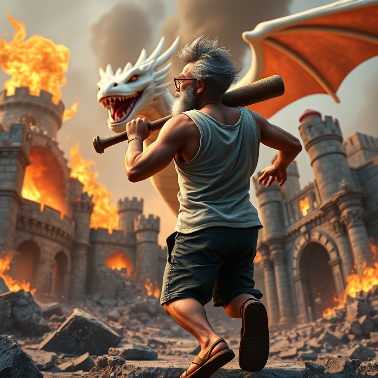 Cartoon 3D High-Resolution,dynamic battle scene using Unreal Engine 5 and Octane Render. The scene features back of an elderly, thai man with a beard,messy hair and round golden-rimmed glasses. He is wearing a tattered tank top with soot marks, shorts, and sandals. sweating. he wields a baseball bat. He jump to fight with a white fire-breathing Europe dragon amidst a partially destroyed stone castle. Include intense flames, smoke, and debris to enhance the dramatic effect.