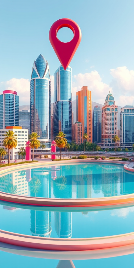 create a 3D rendering of a colorful cityscape with a prominent location pin, featuring modern skyscrapers and palm trees around a serene water body, using a 50mm lens, f/8 aperture, 1/125 sec shutter speed, and ISO 100, in a bright and vibrant style with high-resolution details.