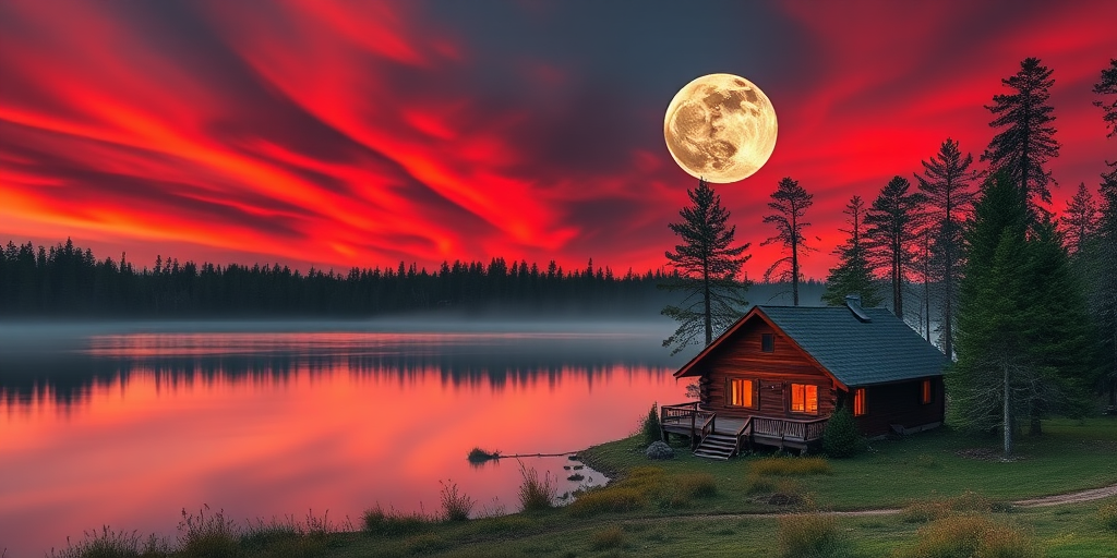 Generate a serene landscape showing a cozy cabin beside a still lake, surrounded by tall pine trees under a dramatic red sky with a large full moon, using a DSLR camera with a 24mm lens, aperture f/8, ISO 100, at twilight, in a high dynamic range style.