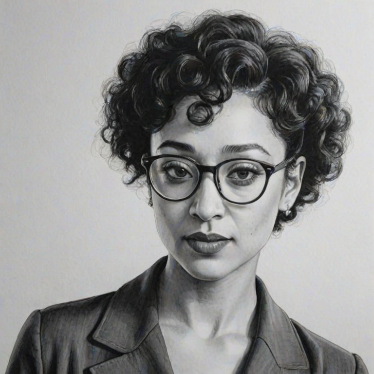 Appealing Ruth Negga, pencil sketch, portrait of Attractive woman 1949s in glasses, hair style beatnik, outline, clear lines, fine lines, 8k