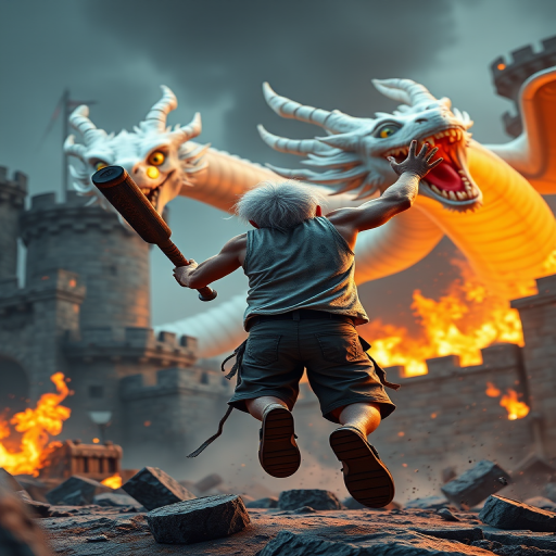 Cartoon 3D High-Resolution,dynamic battle scene using Unreal Engine 5 and Octane Render. The scene features back of an elderly, thai man with a beard,messy hair and round golden-rimmed glasses. He is wearing a tattered tank top with soot marks, shorts, and sandals. sweating. he wields a baseball bat. He jump to fight with a white fire-breathing Europe dragon amidst a partially destroyed stone castle. Include intense flames, smoke, and debris to enhance the dramatic effect.