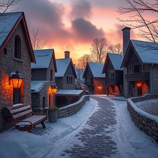 Create a snowy medieval village scene at dusk with stone and wooden houses, warm light from lanterns, soft shadows, and a winding path, using a DSLR camera, 24mm lens, aperture f/8, ISO 100, and a slight vignette effect.