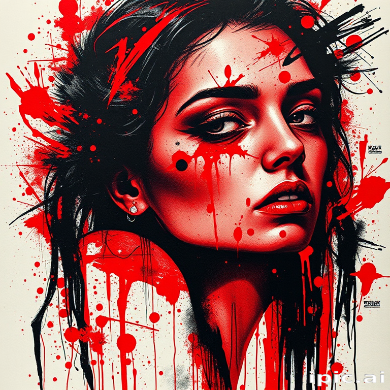 Trash polka tattoo combining photorealistic portraits with abstract brushstrokes, dramatic red and black color scheme, chaotic yet balanced composition, raw and expressive aesthetic