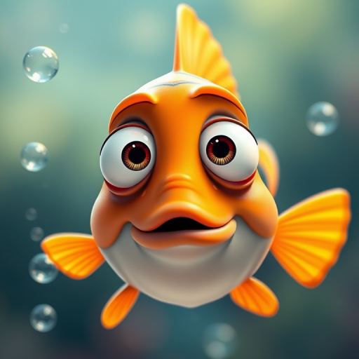Create a cartoon-style image of a quirky fish with large eyes and a surprised expression, surrounded by bubbles, using a DSLR camera with a 50mm lens, f/2.8 aperture, 1/200 shutter speed, and natural lighting to enhance color vibrancy and clarity.