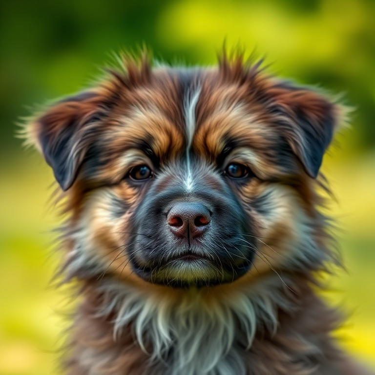 Create a high-resolution image of a fluffy dog with a focused expression, shot with a Canon EOS R5, 85mm f/1.4 lens, aperture set to f/2.8, ISO 100, and a shallow depth of field, in natural outdoor lighting with a blurred green background.