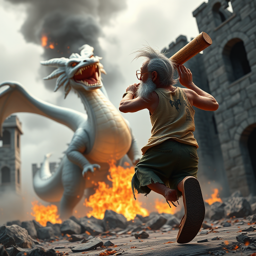 Cartoon 3D High-Resolution,dynamic battle scene using Unreal Engine 5 and Octane Render. The scene features back of an elderly, thai man with a beard,messy hair and round golden-rimmed glasses. He is wearing a tattered tank top with soot marks, shorts, and sandals. sweating. he wields a baseball bat. He jump to fight with a white fire-breathing Europe dragon amidst a partially destroyed stone castle. Include intense flames, smoke, and debris to enhance the dramatic effect.