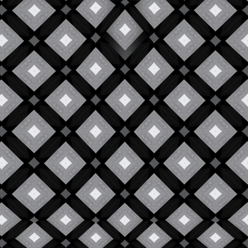 Create a high-resolution image of a repeating diamond pattern with a black and white color scheme, using a DSLR camera with a 50mm lens, aperture set to f/8, ISO 100, and a slight vignette to enhance contrast and depth.