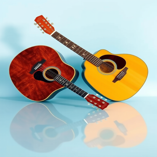 Create a vibrant illustration of two crossed acoustic guitars, one brown and one golden, against a soft blue background with a reflective surface, using a Canon EOS R camera, f/2.8 aperture, 50mm lens, and natural lighting to enhance clarity and detail.