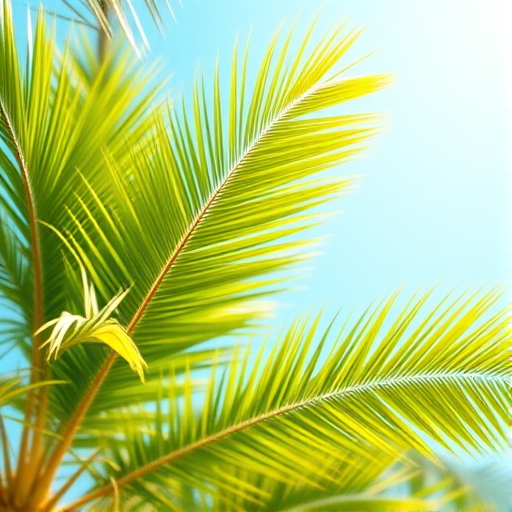 Create a digital illustration of a tropical palm tree with vibrant green leaves, using a Canon EOS R6 camera, aperture f/4, ISO 100, 50mm lens, shallow depth of field, soft natural lighting, and a bright blue sky background.