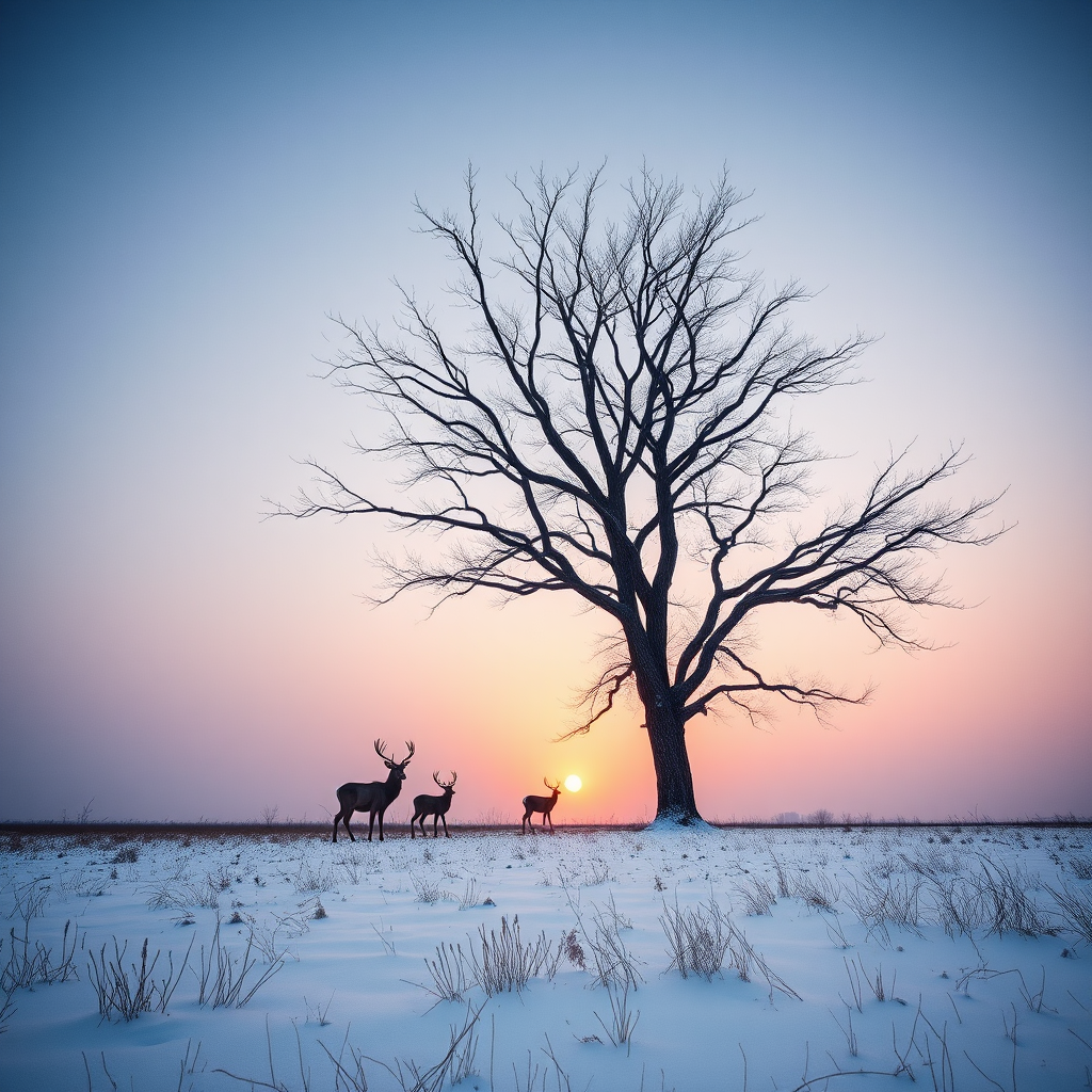 Create a minimalist winter landscape featuring a large bare tree and two deer silhouettes with a sunset in the background, using a DSLR camera, aperture f/5.6, ISO 200, focal length 50mm, and a shot from eye level to enhance depth and clarity.